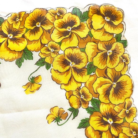 Vintage Large Handkerchief Hankie Yellow Pansies Floral Flowers 17" Square - Picture 6 of 9